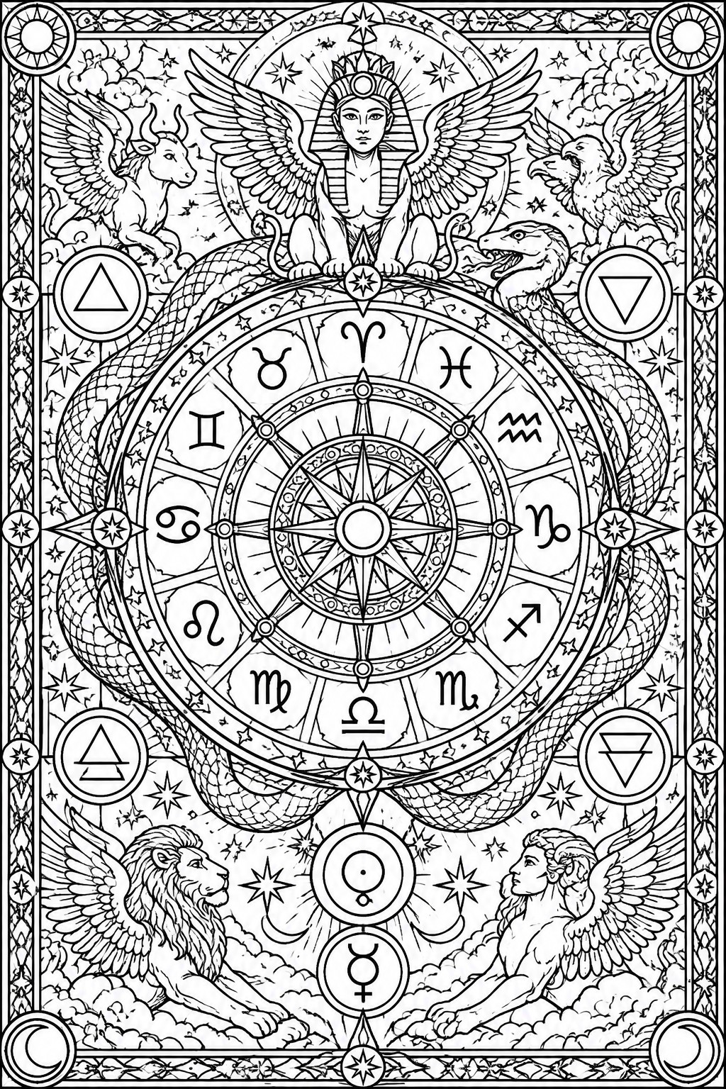A black and white line drawing of an occult coloring page with a central zodiac wheel, coiled serpent, winged sphinxes, and astrological symbols.