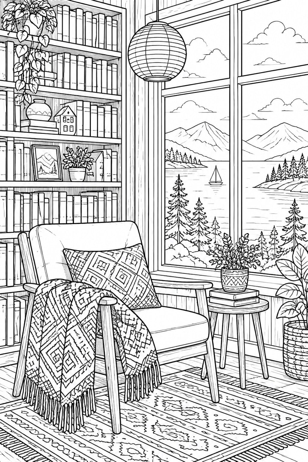 Line drawing of cozy armchair with patterned blanket by bookshelf and window overlooking mountains and lake