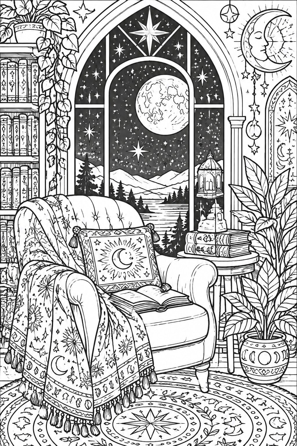 A black and white line drawing of an armchair with blanket and open book in front of an arched window showing a full moon, Earth, stars, and mountains, with a bookshelf and plants nearby.