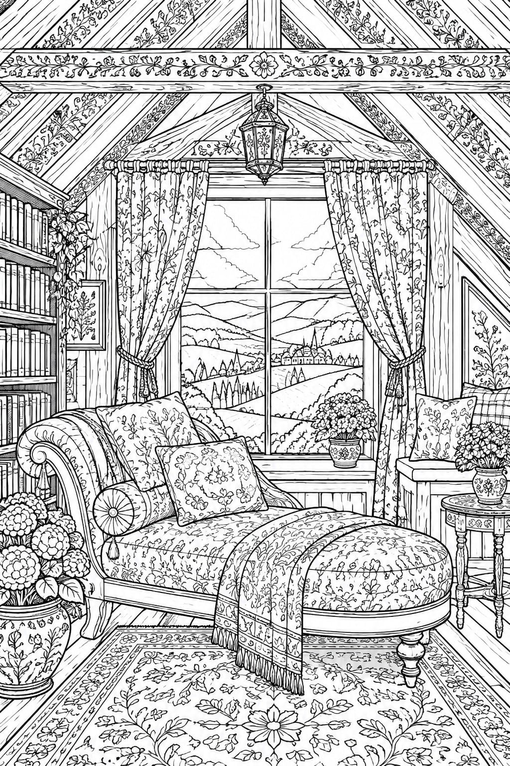 Black and white line drawing of an attic reading nook featuring a floral chaise lounge in front of a large window with a landscape view, bookshelves on the left, and patterned curtains and rug.