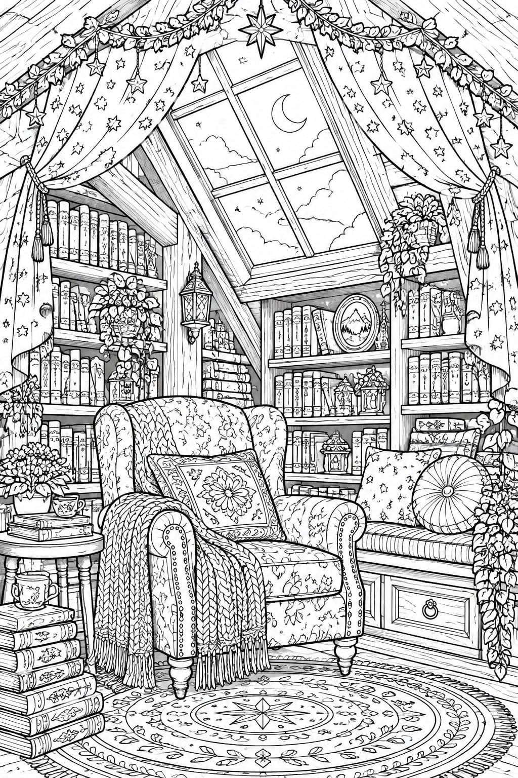 Black and white line art of cozy attic library with armchair, bookshelves, and starry skylight.