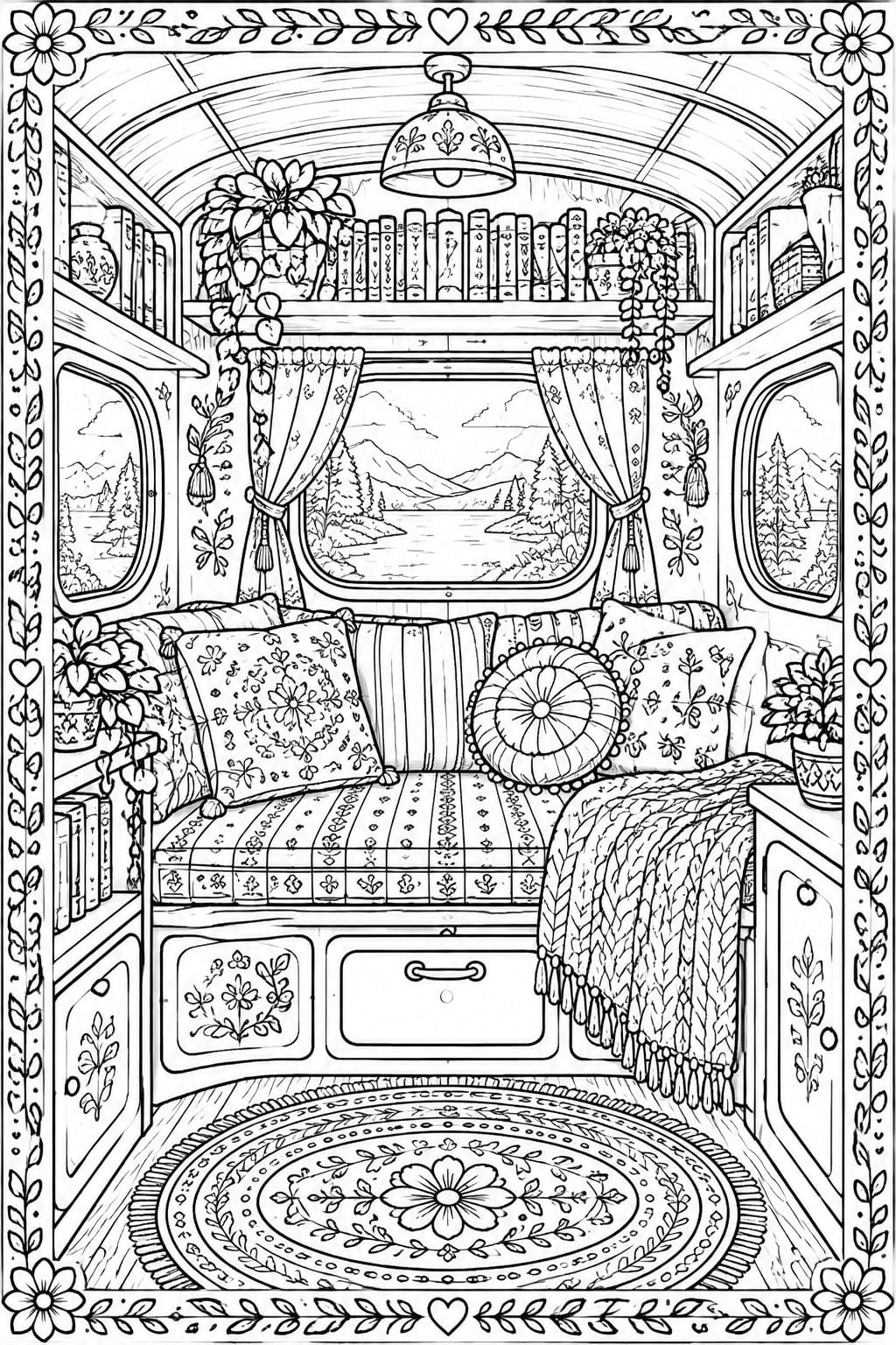 Cozy RV interior coloring page with cushioned bench, bookshelves, window landscape and floral border