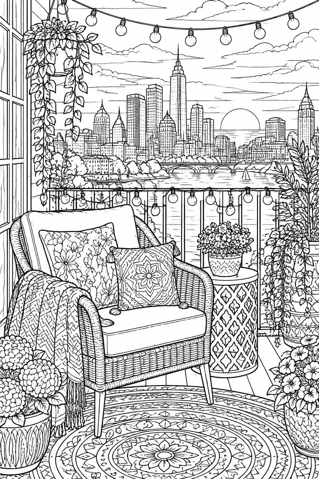 Detailed black and white coloring page of a balcony with wicker chair, patterned pillows, throw blanket, potted plants, string lights, round rug, and city skyline in the background.