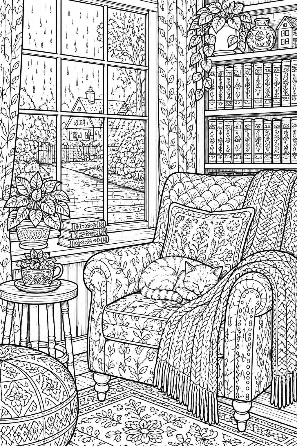 Black and white line drawing of an armchair with a sleeping cat beside a rainy window overlooking houses and gardens, with bookshelves and plants nearby.