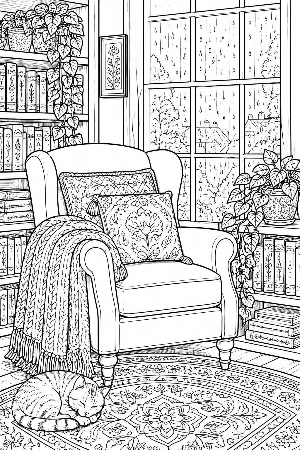 Black and white line drawing of an armchair with pillows and blanket, a sleeping cat on a patterned rug, bookshelves, plants, and rain on the window.
