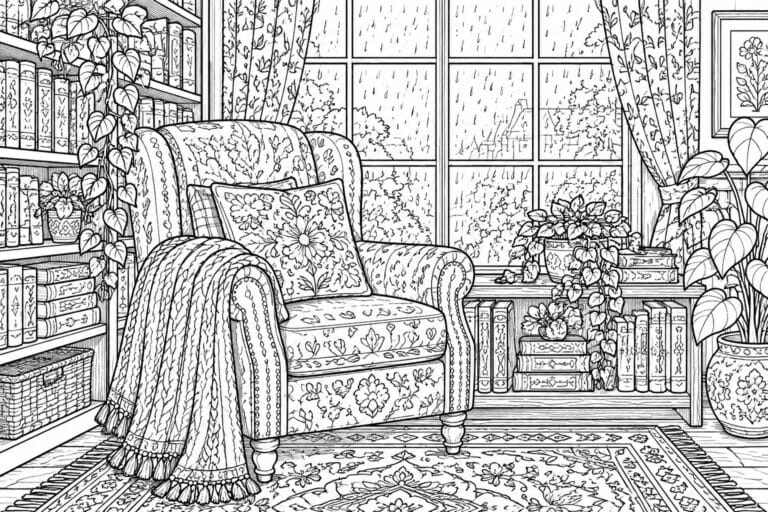 Black and white line drawing of an armchair with pillows and blanket, a sleeping cat on a patterned rug, bookshelves, plants, and rain on the window.