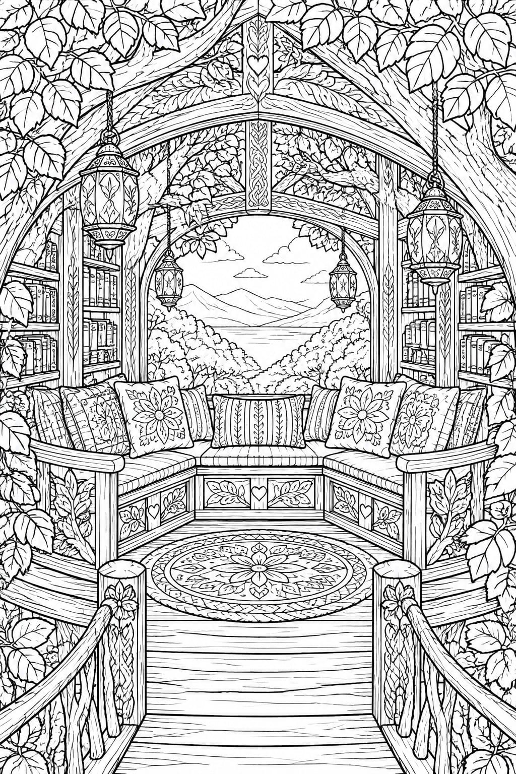 Coloring page of arched wooden gazebo with bookshelves, lanterns, cushions, and mountain view