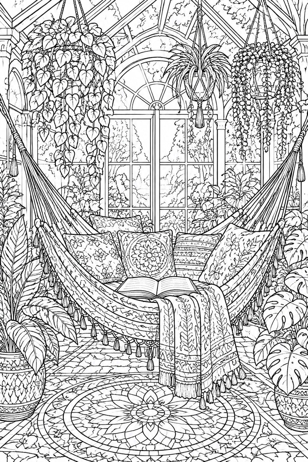 Detailed black-and-white line art of a lush conservatory with hammocks, pillows, and hanging plants