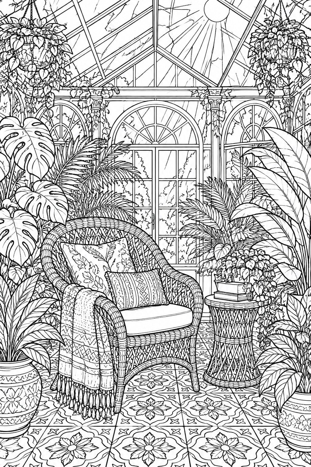 A detailed coloring page of a wicker armchair in a greenhouse with many potted plants, hanging plants, arched windows, and a patterned tile floor.