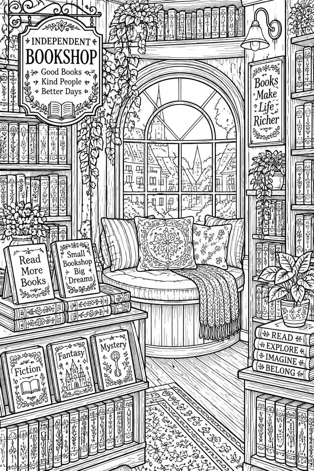 Black and white line drawing of a bookshop interior with a window seat, bookshelves, signs, and plants.