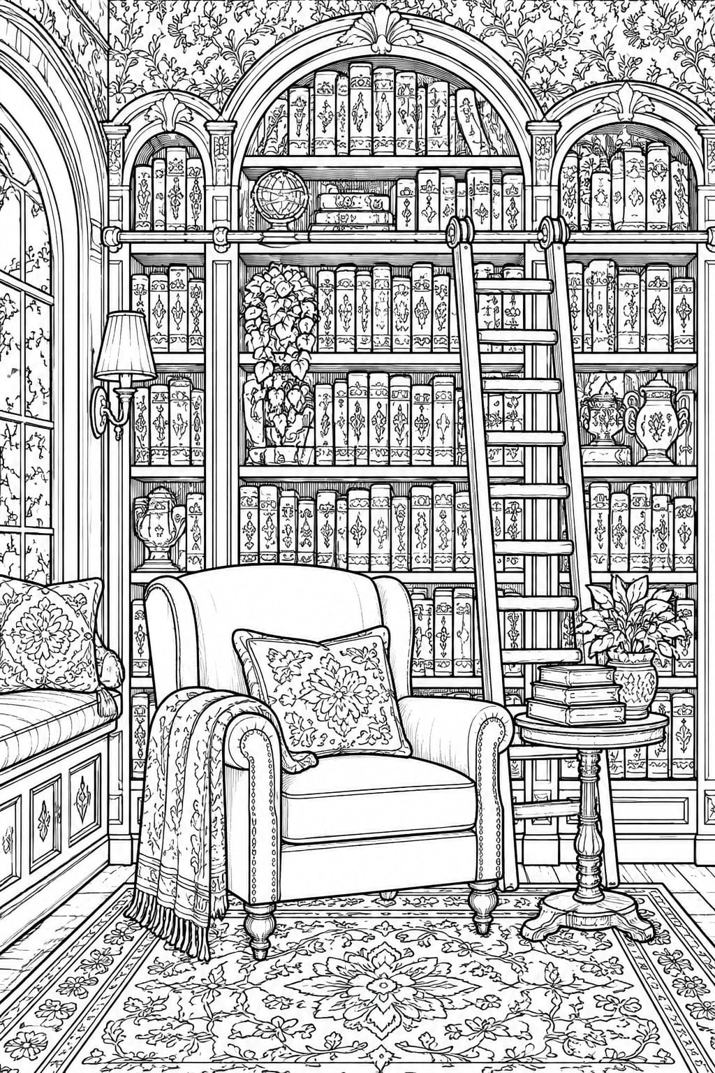 Ornate library with armchair, rolling ladder, bookshelves, and patterned rug in line art.