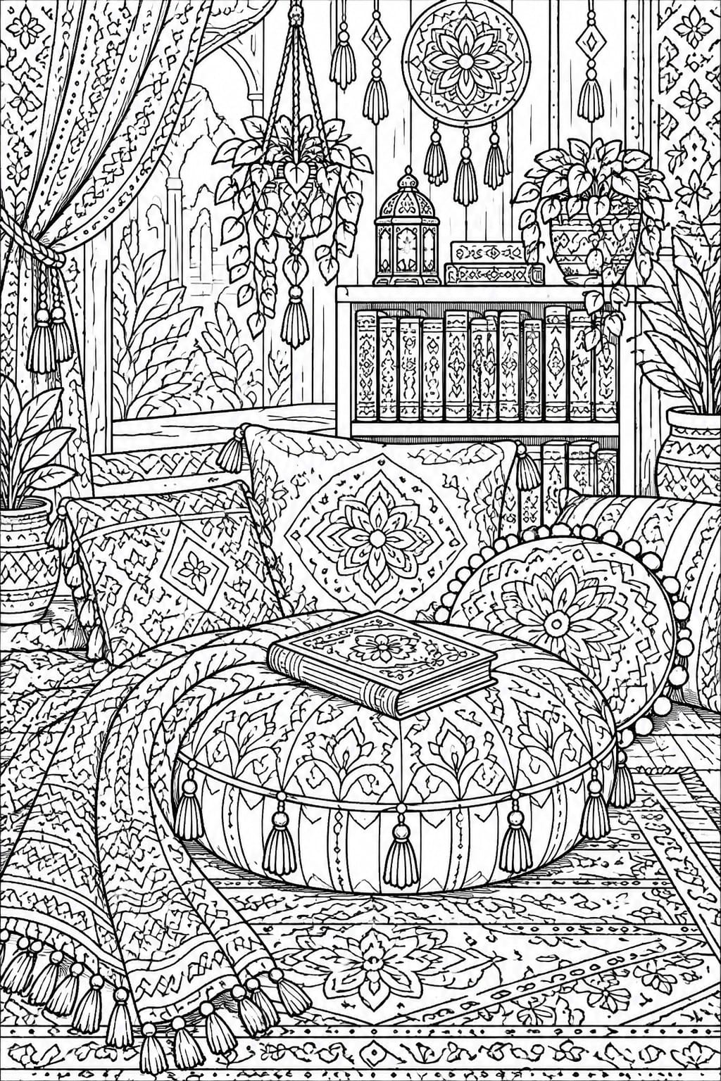 Ornate black-and-white line art of bohemian nook with patterned cushions, plants, and books.
