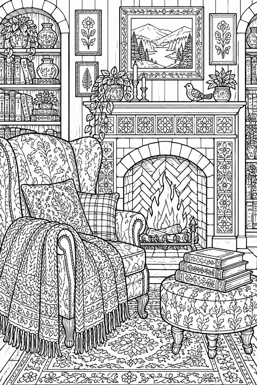 A black and white line drawing of a living room featuring two patterned armchairs facing a brick fireplace with flames, bookshelves on both sides, a patterned rug, and wall art above the mantel.