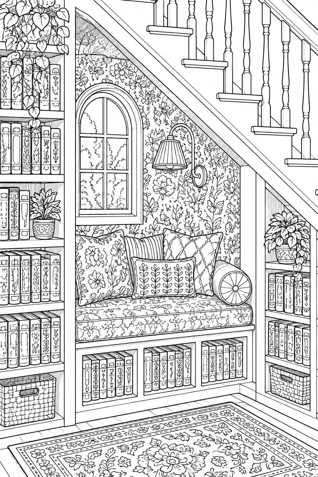 Black and white line drawing of a reading nook under stairs with bookshelves, a cushioned bench with pillows, an arched window, and floral patterns throughout.