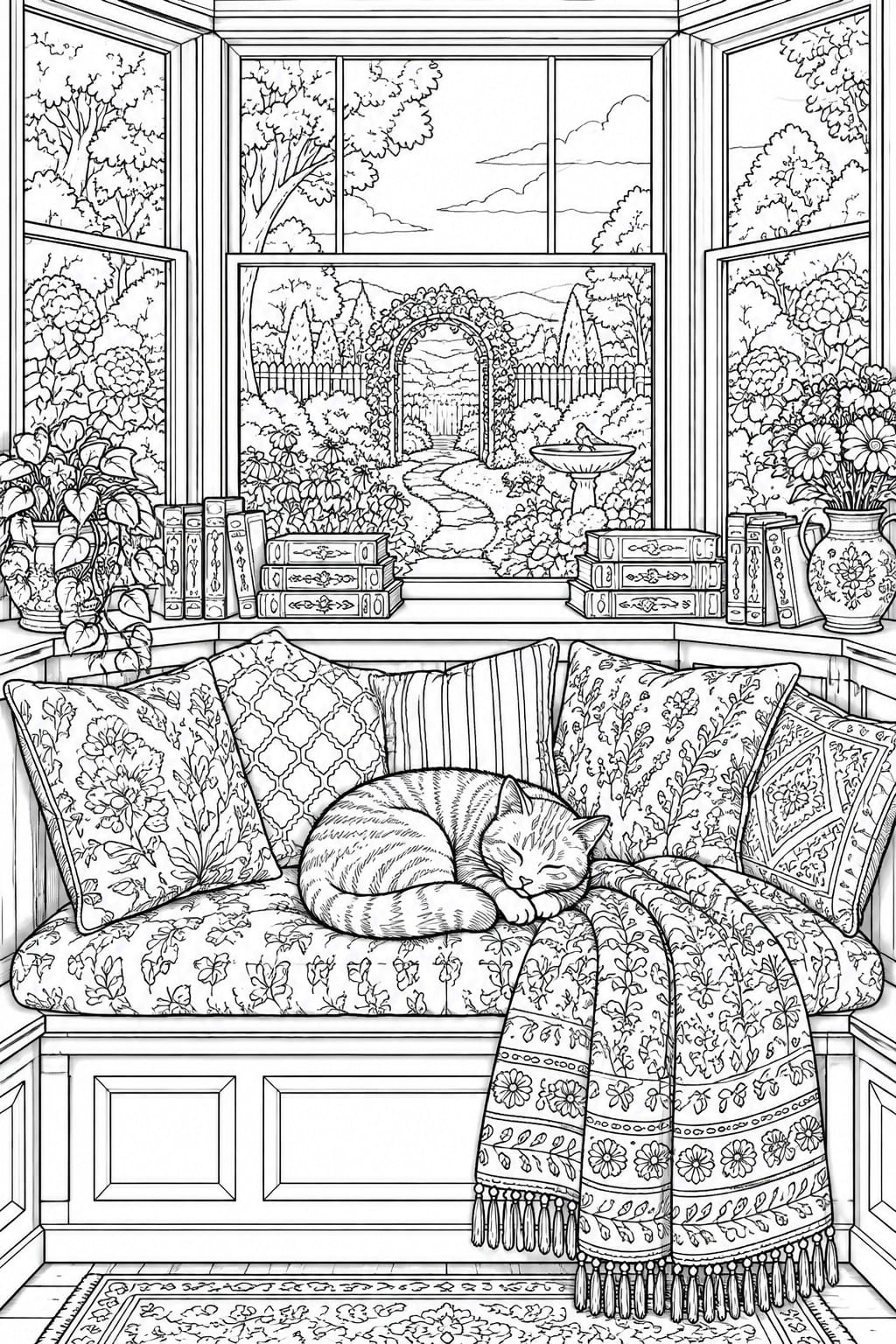 Sleeping tabby cat on patterned cushions in a window seat overlooking garden.