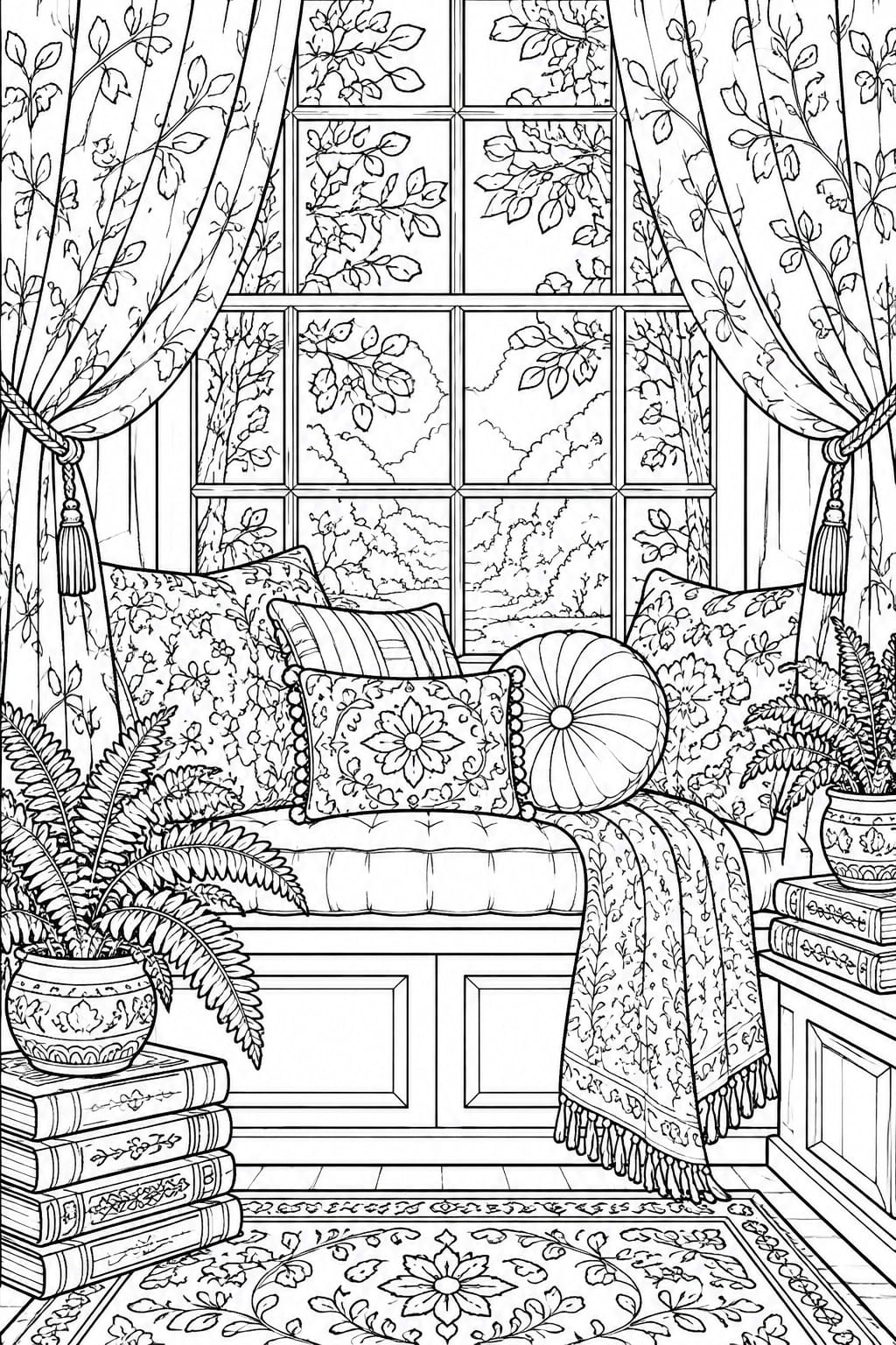 Cozy window seat with floral curtains, patterned pillows, books, and potted ferns in line art.