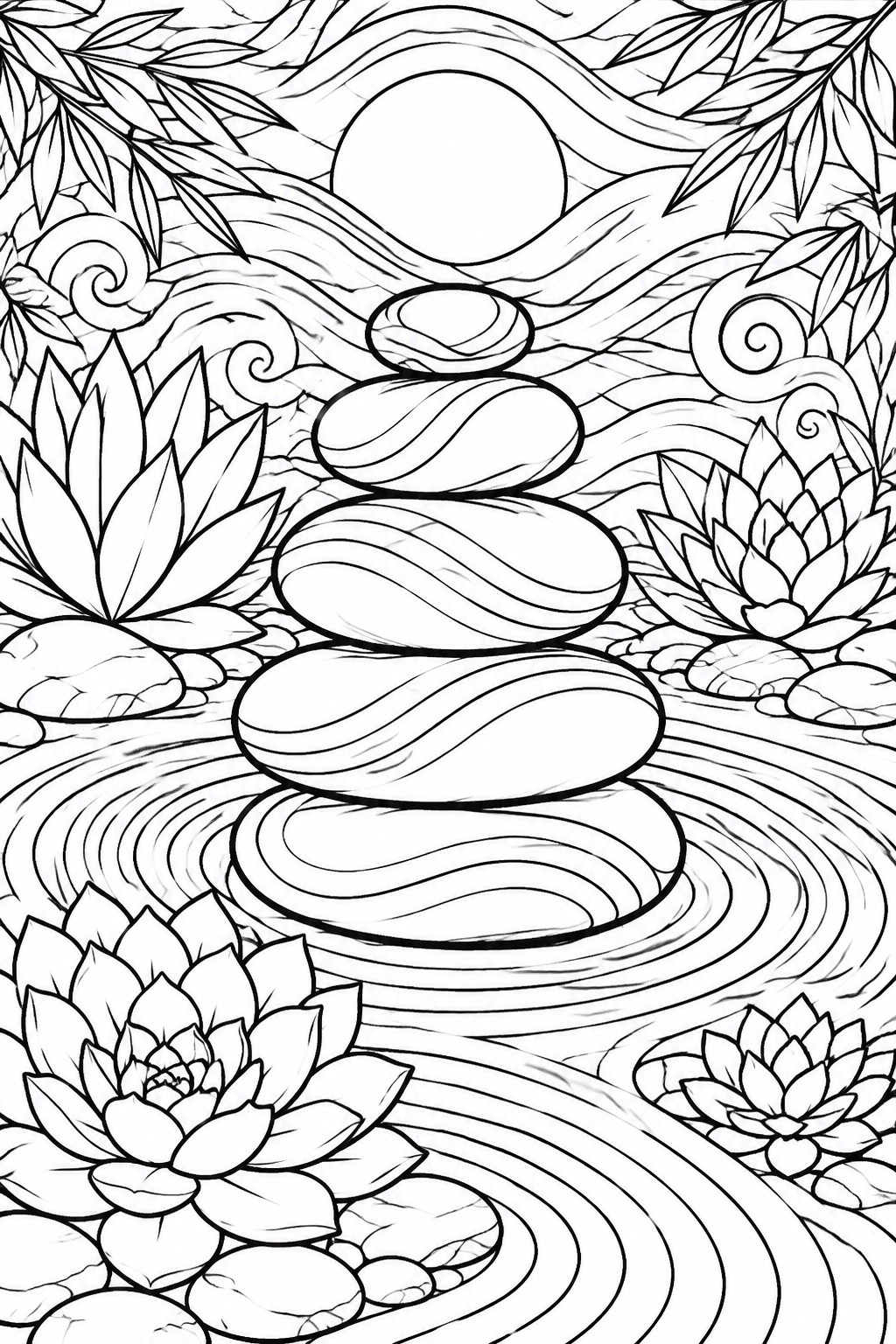 Stacked stones amid lotus flowers in rippling water with swirling waves.