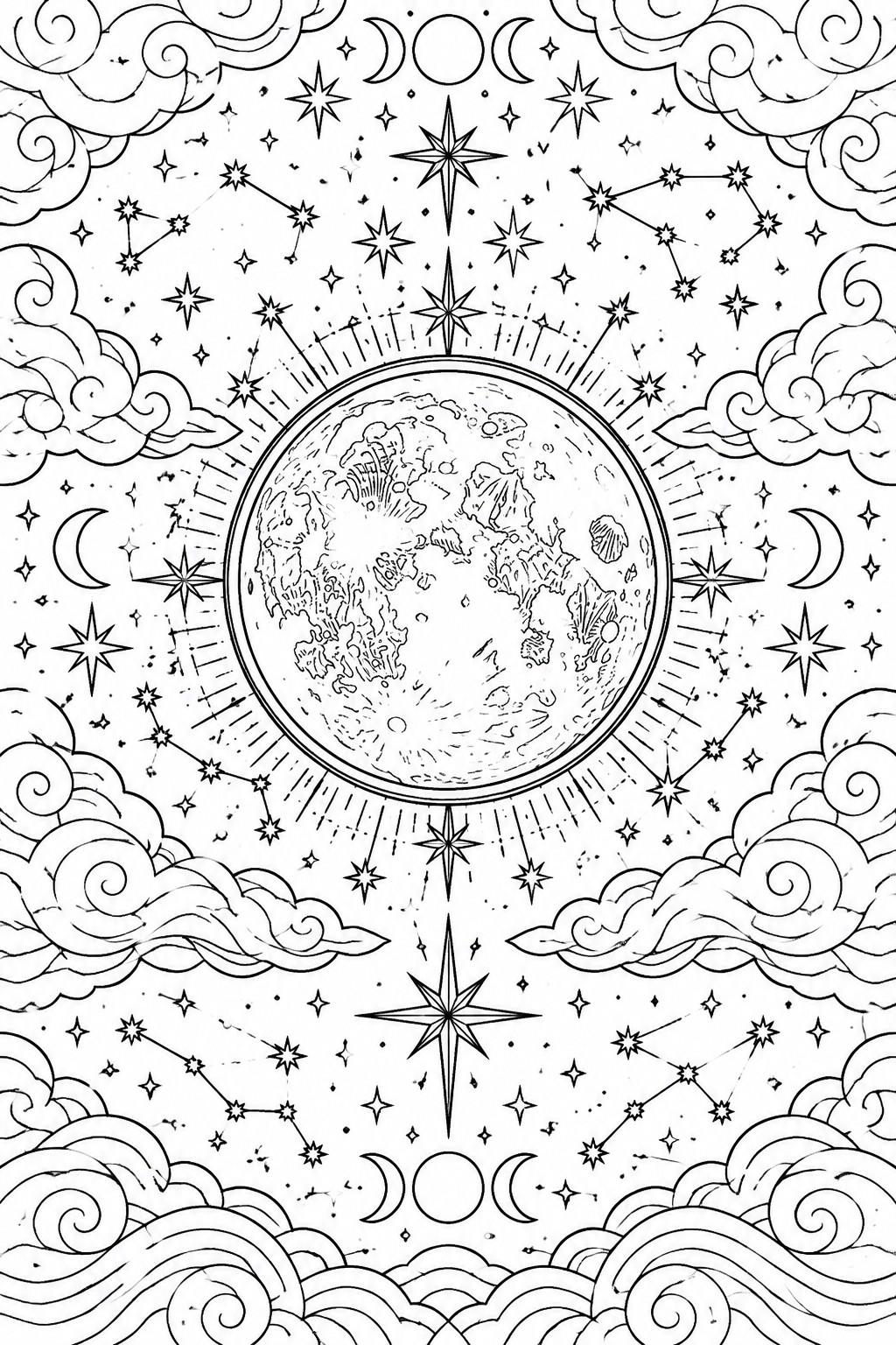 Celestial line art of cratered moon with stars, constellations, clouds and moon phases