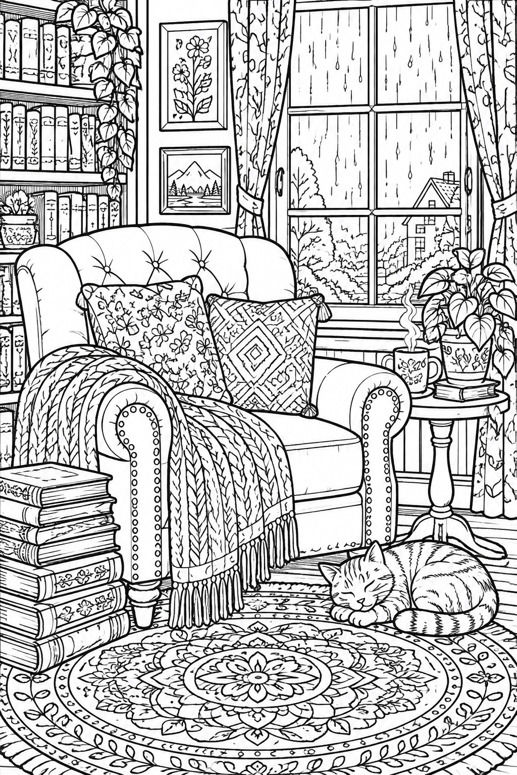Black and white line art of a cozy room with an armchair, sleeping cat on a patterned rug, books, plants, and a rainy window.