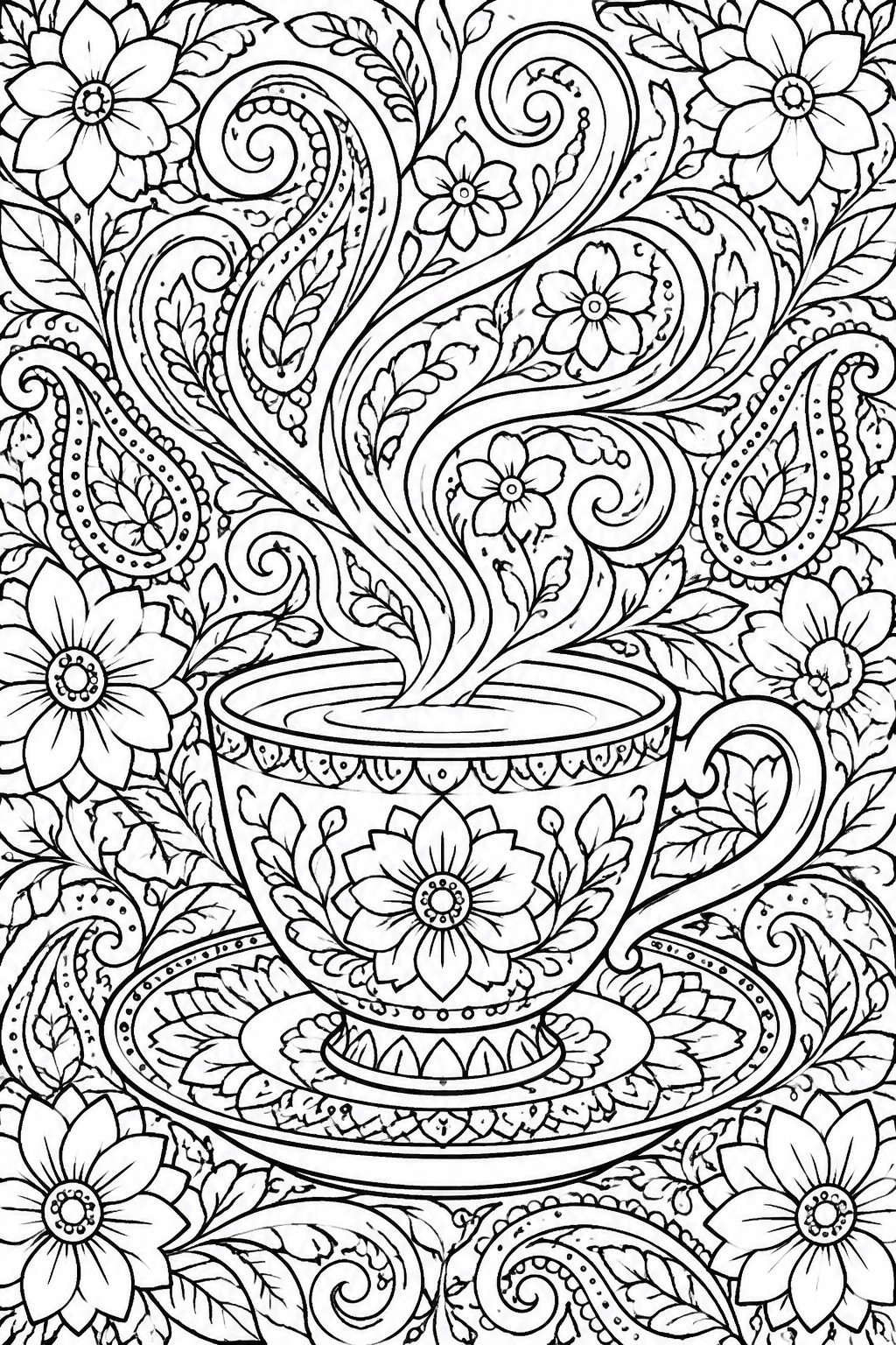 Intricate line art of an ornate teacup with floral patterns, swirling steam, and blooming flowers.