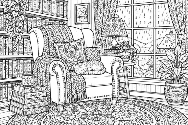 18 Creative Adult Coloring Pages for Relaxing Home Coloring Sessions Black and white line art of a cozy room with an armchair, sleeping cat on a patterned rug, books, plants, and a rainy window.