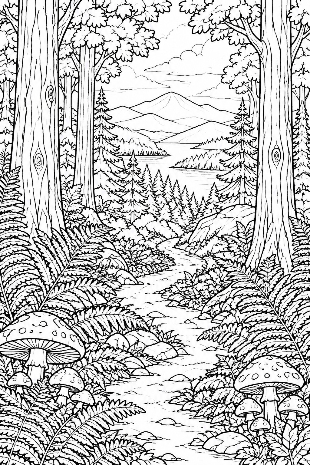 Black and white line art of a forest path lined with trees, ferns, and mushrooms leading toward mountains and a lake.