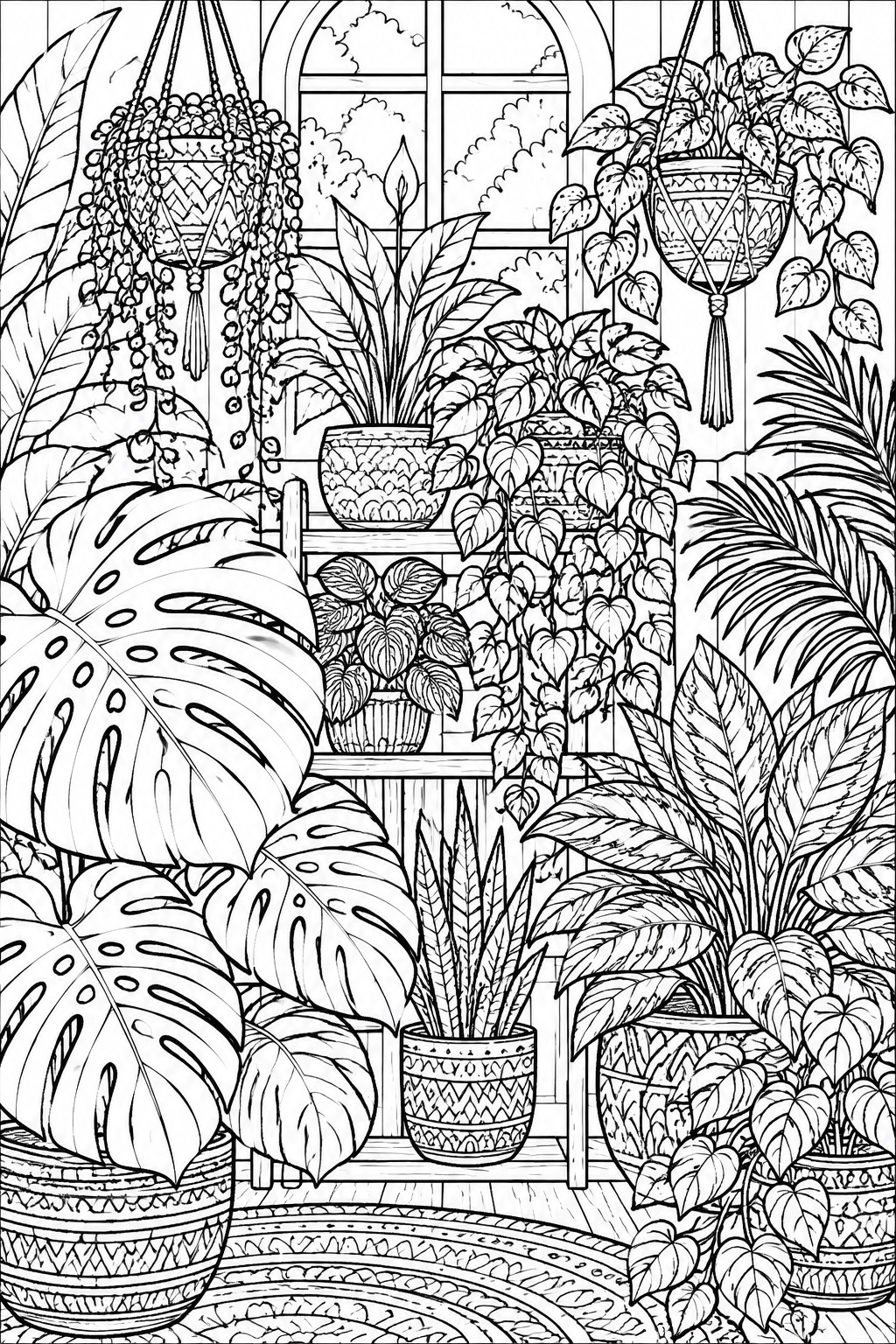 Intricate black and white line art of a room overflowing with potted and hanging plants by a window