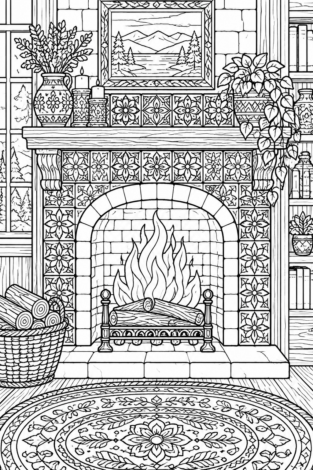 Line drawing of cozy fireplace with flames, tiled mantel, log basket and rug.