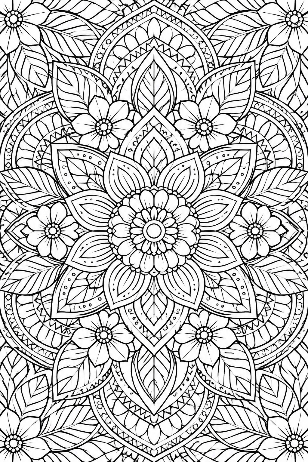 Intricate black-and-white mandala with layered flowers, leaves, and geometric patterns.