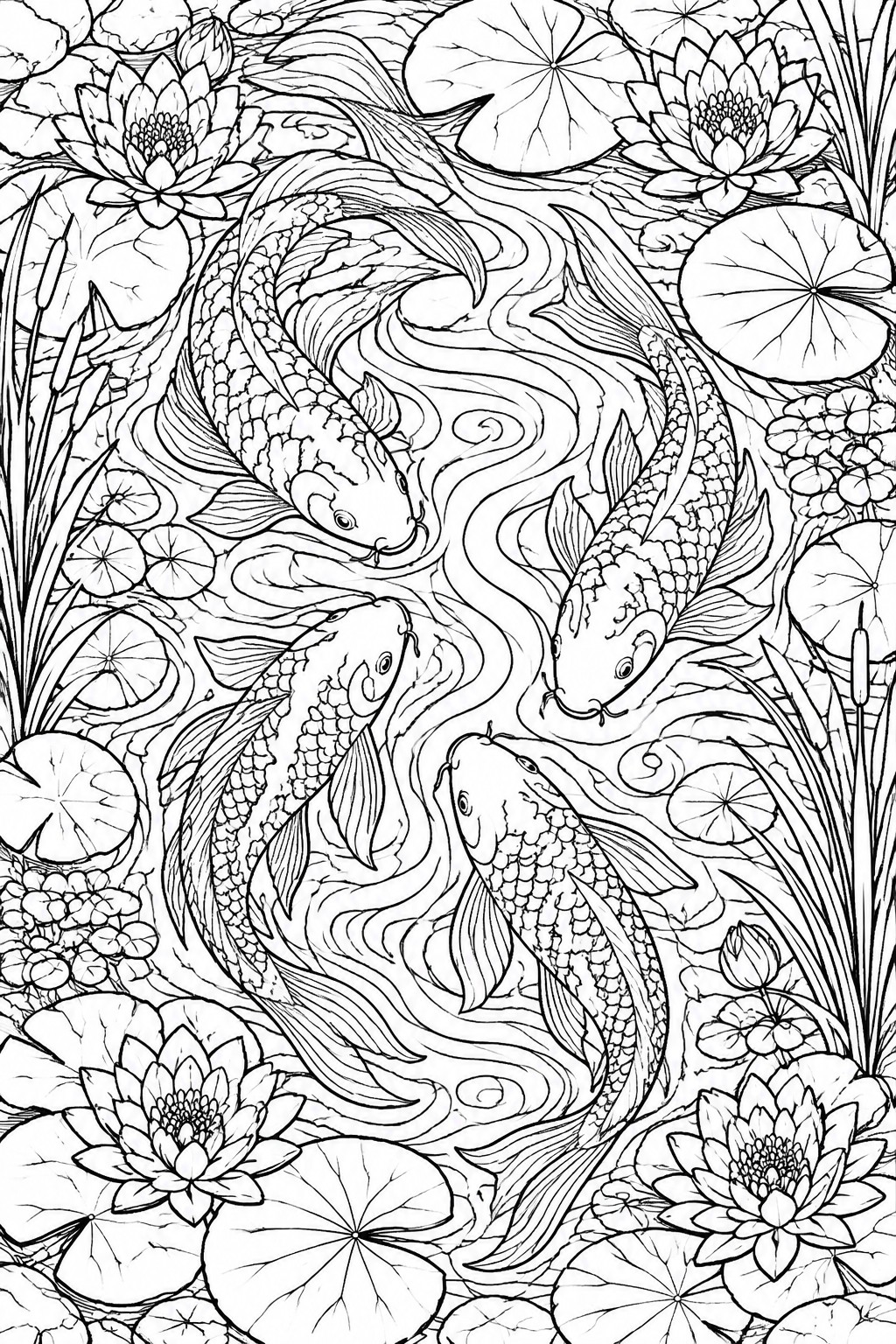 A black and white line drawing of four koi fish swimming among lotus flowers and lily pads in a pond.