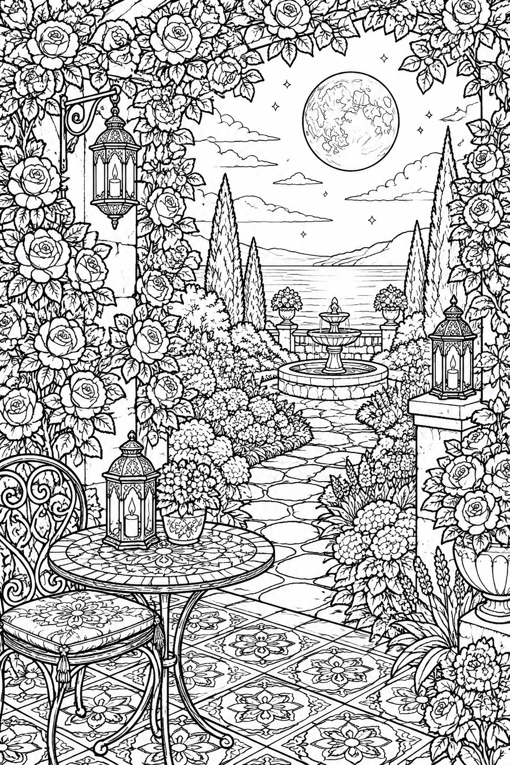 Intricate line art of moonlit rose garden with fountain, lanterns, patio table and sea view