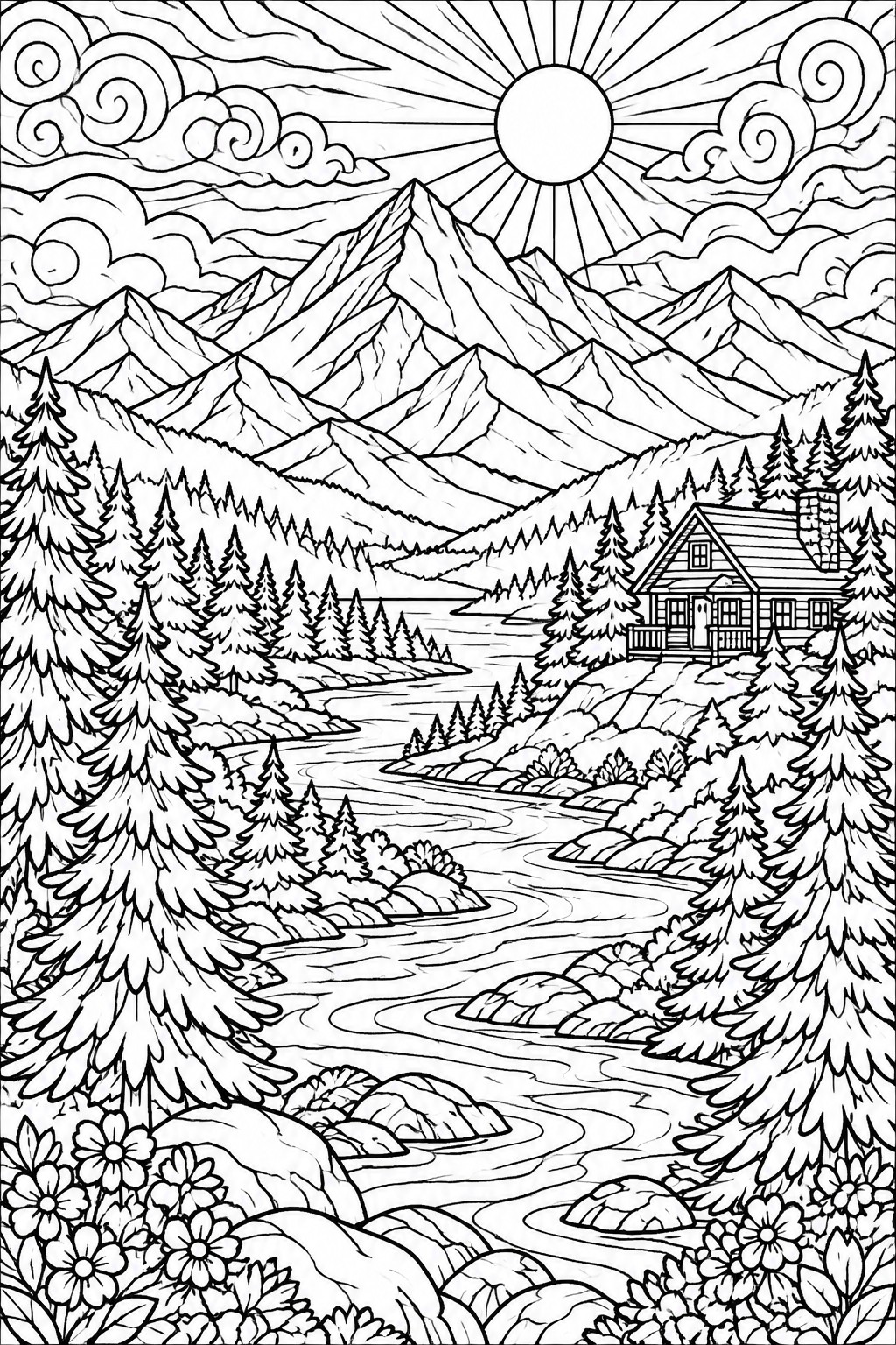Line drawing of mountain cabin by winding river with pine trees, sun and clouds