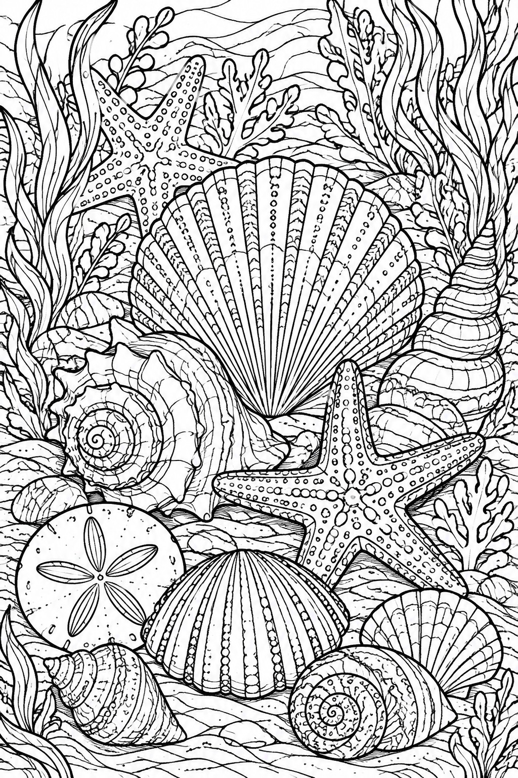 Black and white line art of seashells, starfish, and ocean plants.