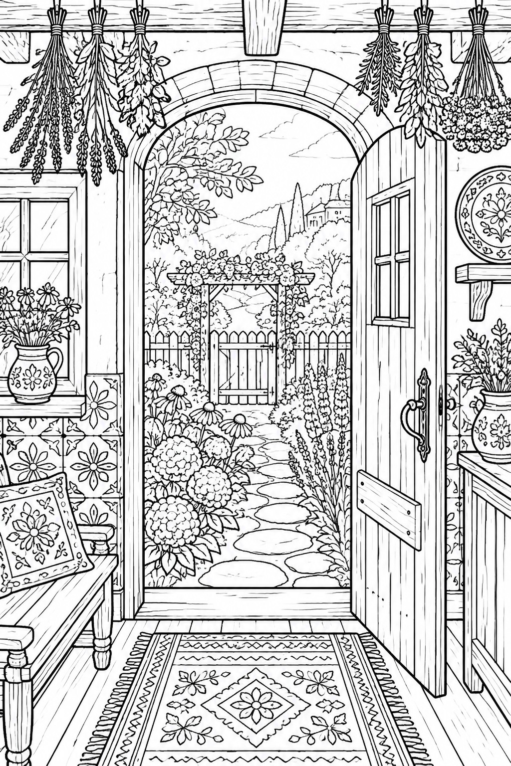 Open doorway to garden path with flowers, arch, rug, and hanging herbs in line art.