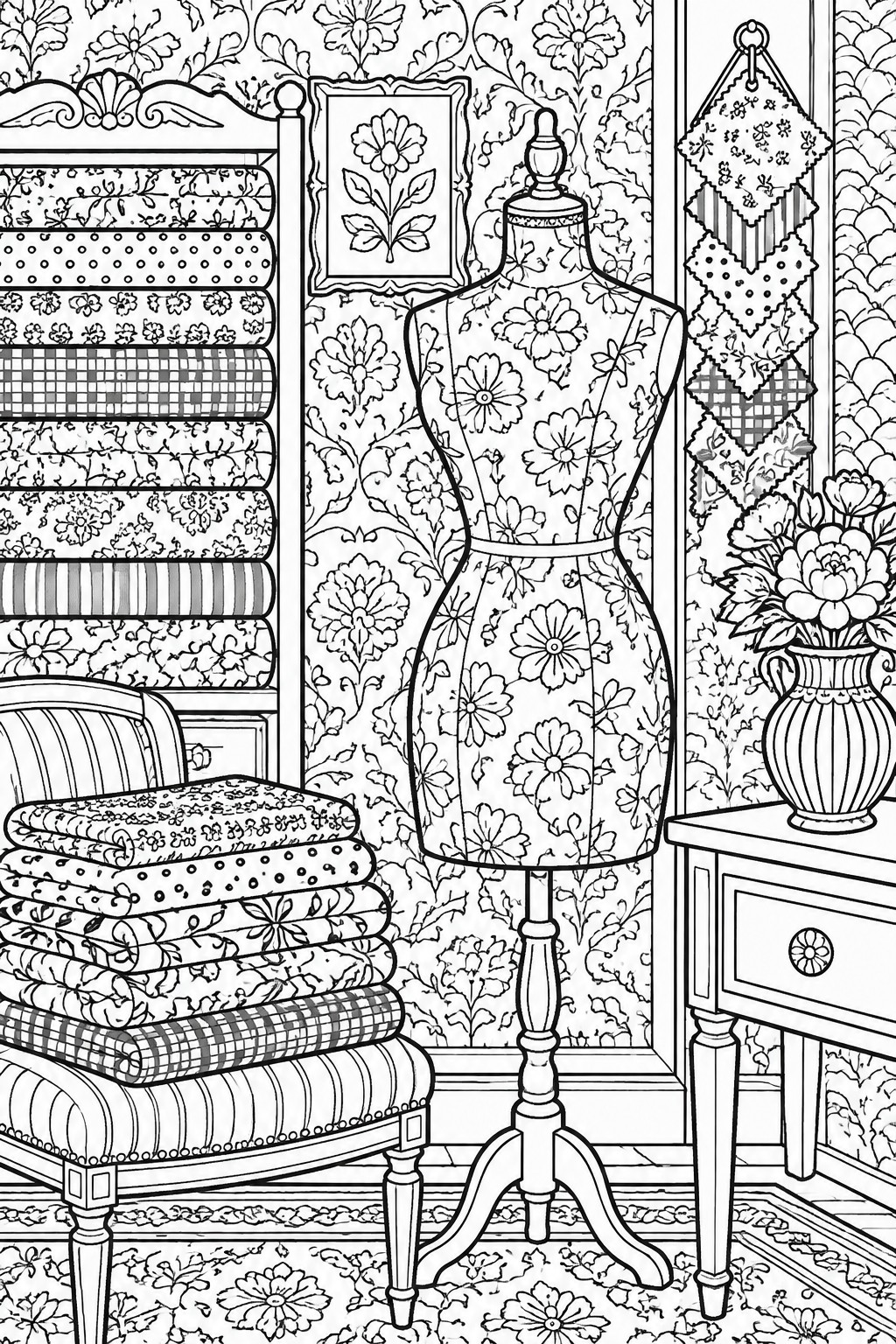 A black and white coloring page of a dressmaker's mannequin in a floral dress standing in a room with stacks of patterned fabrics, floral wallpaper, and a vase of flowers.