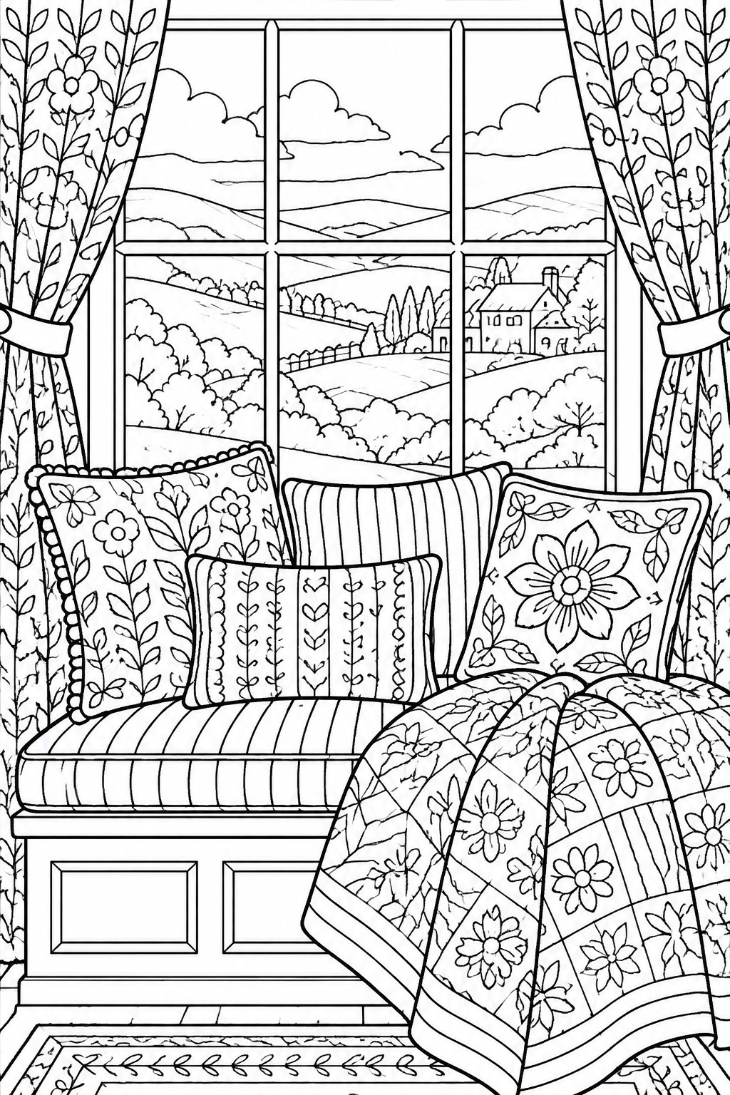 A black and white line drawing of a cushioned window seat with patterned pillows, a quilt, floral curtains, and a countryside view through the window.
