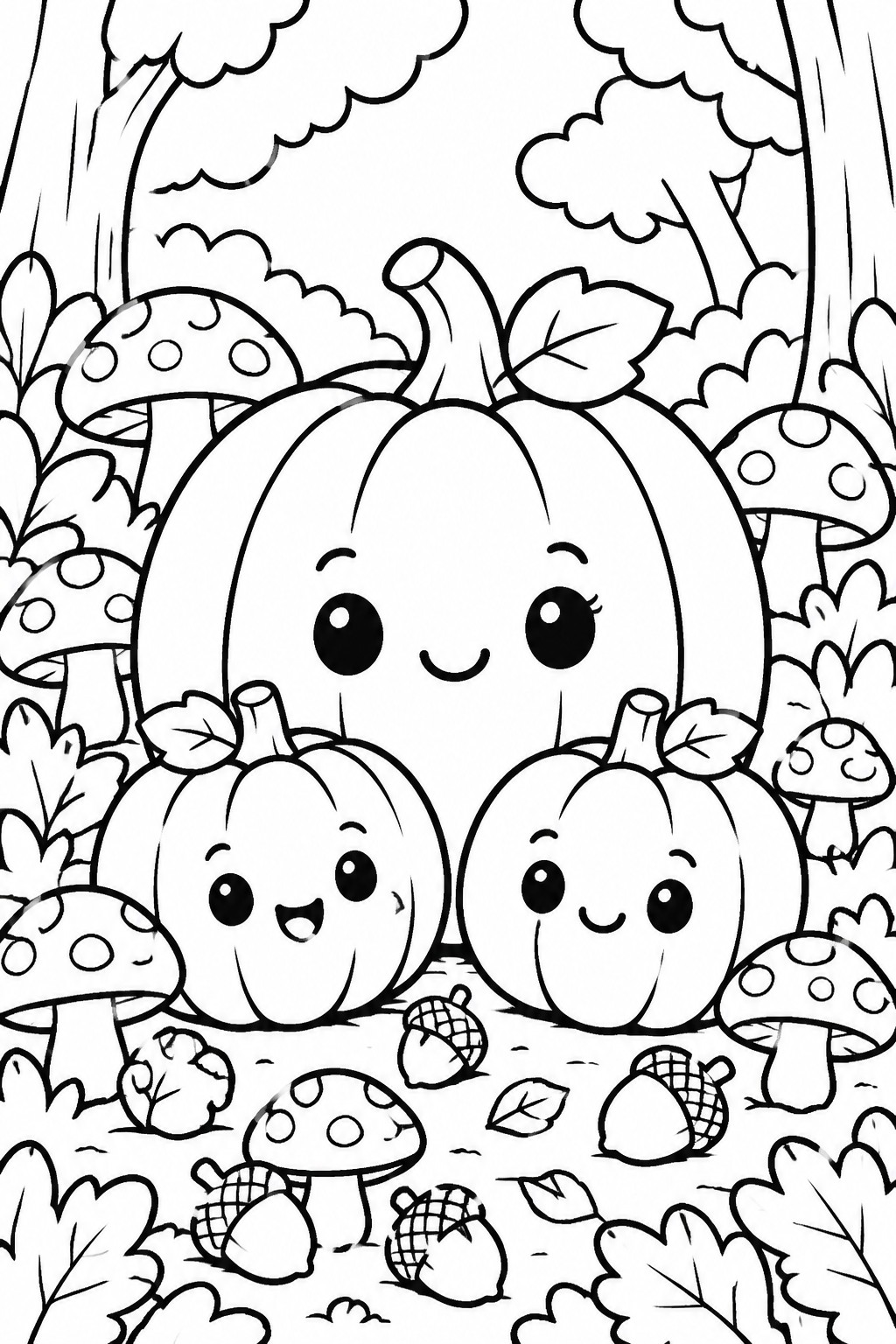 Coloring page of three smiling pumpkins with mushrooms, acorns, and trees in a forest