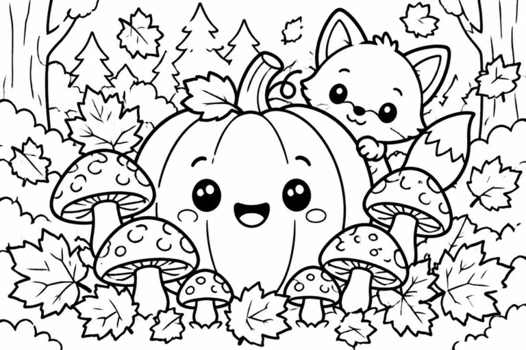 Cute fox peeking over smiling pumpkin amid mushrooms and autumn leaves in forest line art