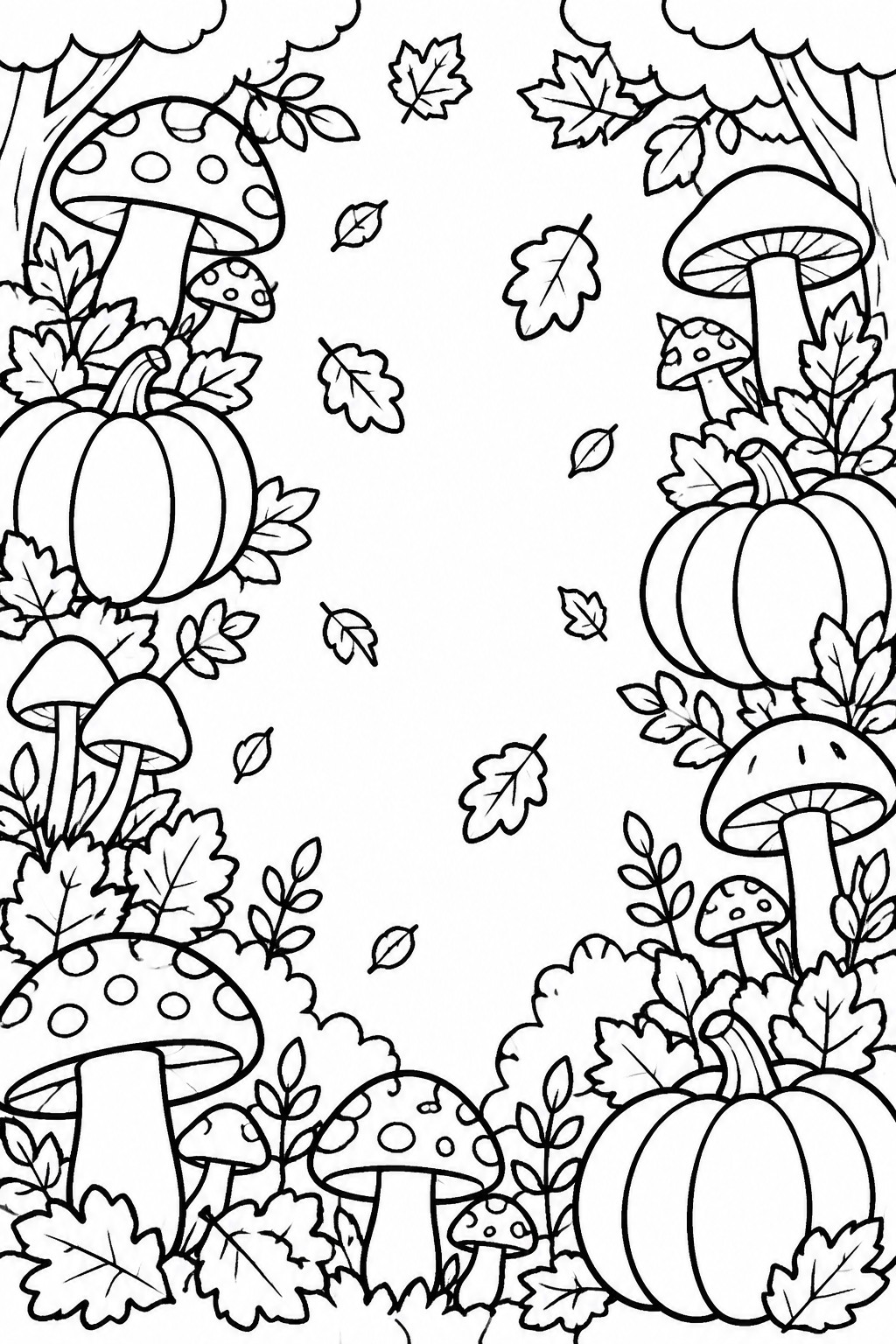 Black-and-white coloring page of forest with mushrooms, pumpkins, and falling leaves.