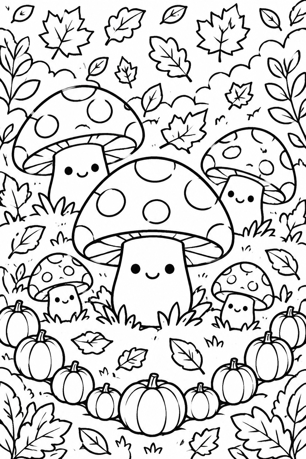 Coloring page with cute cartoon mushrooms that have faces, surrounded by pumpkins and scattered autumn leaves.