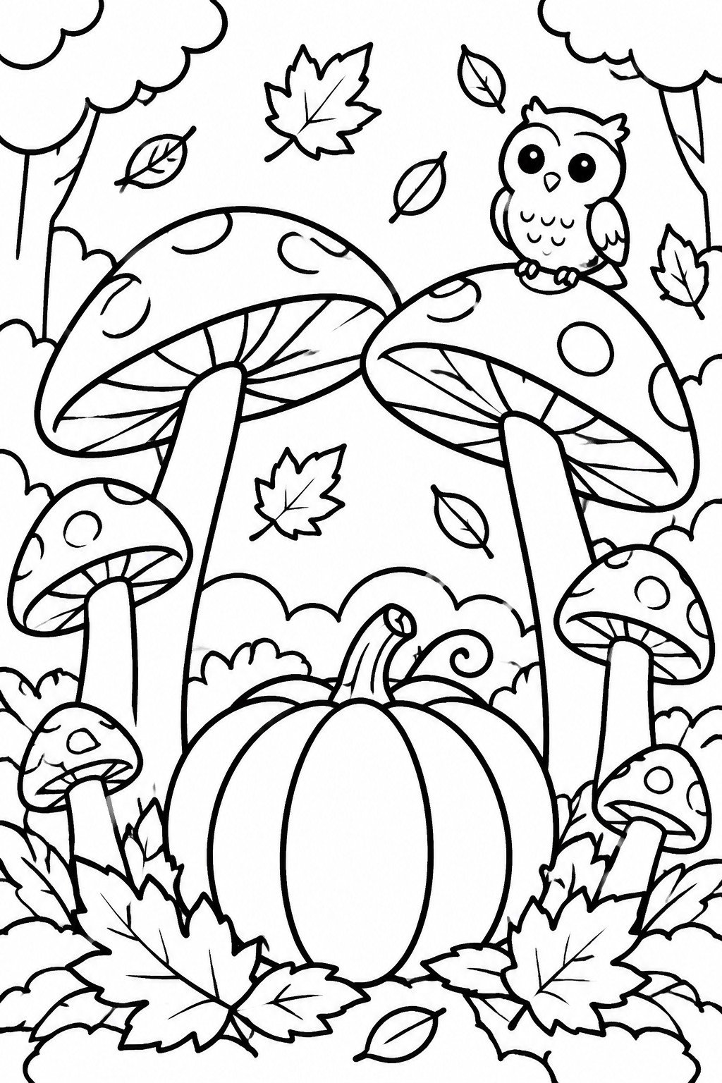 Owl perched on spotted mushroom beside pumpkin amid falling autumn leaves in forest