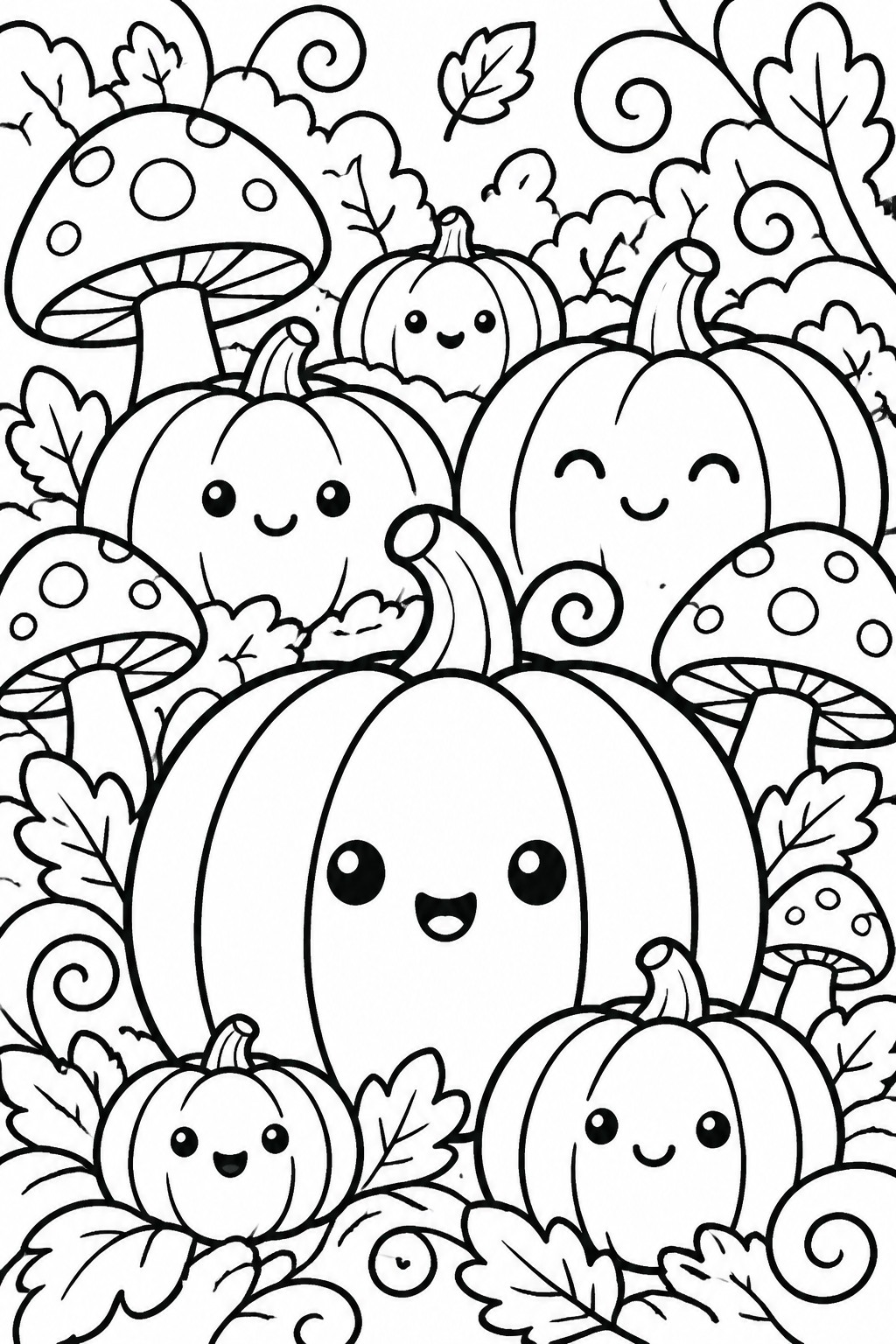 Cute cartoon pumpkins with smiling faces surrounded by spotted mushrooms and leaves.