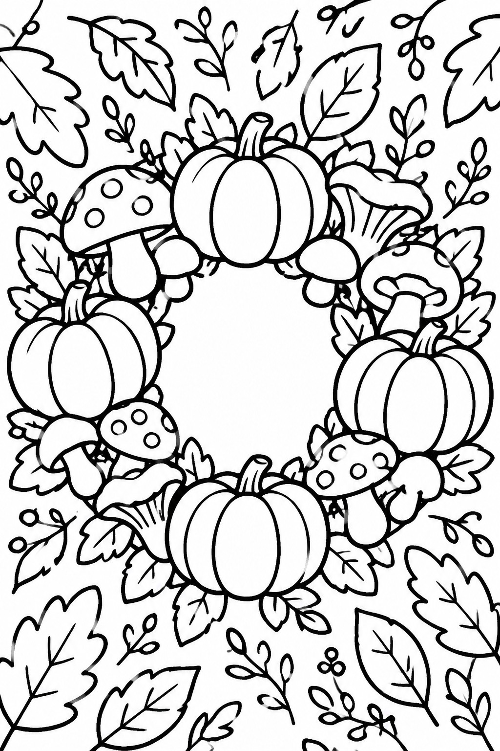 Coloring page of autumn wreath with pumpkins, mushrooms, and leaves