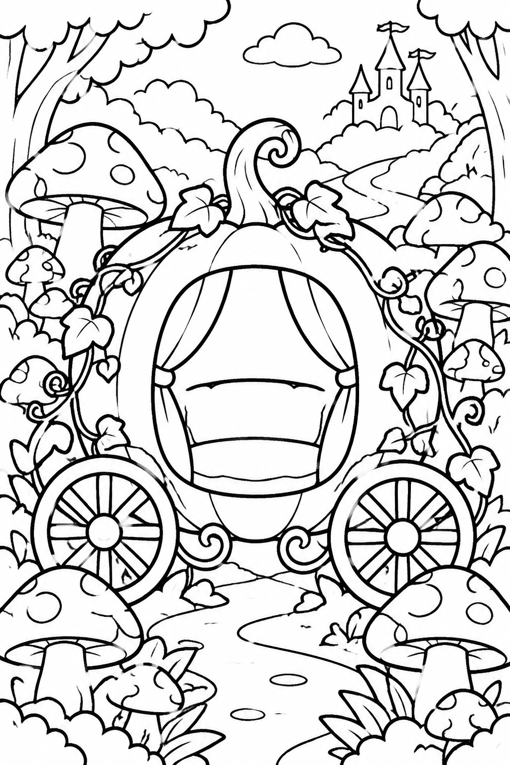 Black-and-white line art of pumpkin carriage amid giant mushrooms with castle on hill