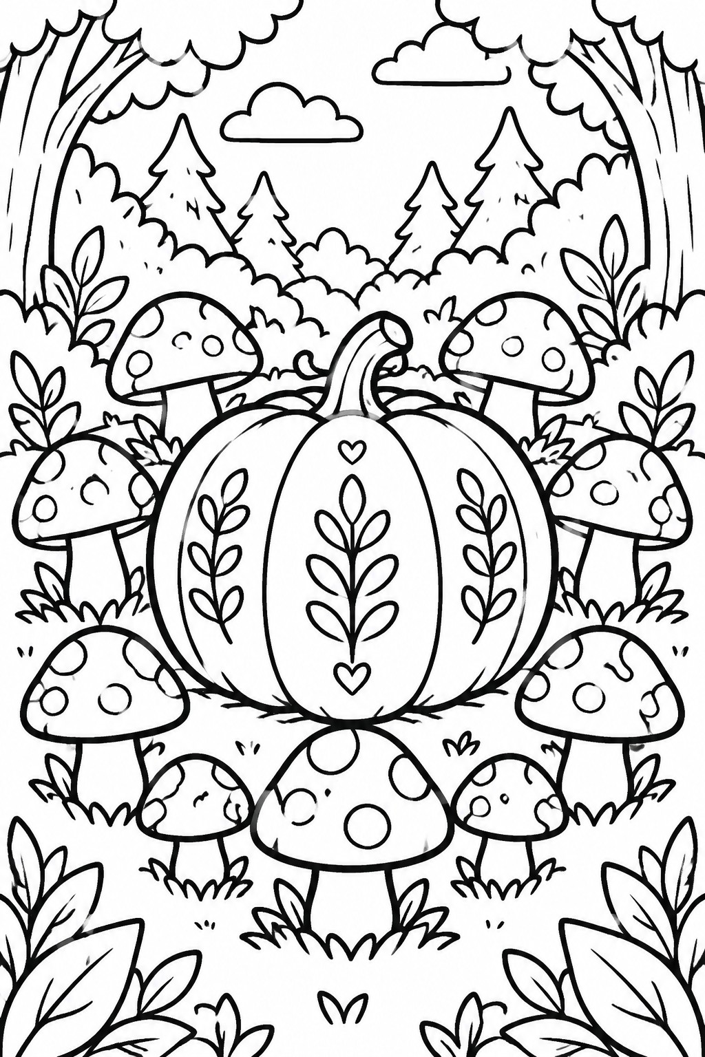 Large pumpkin with leaf patterns amid spotted mushrooms in forest scene