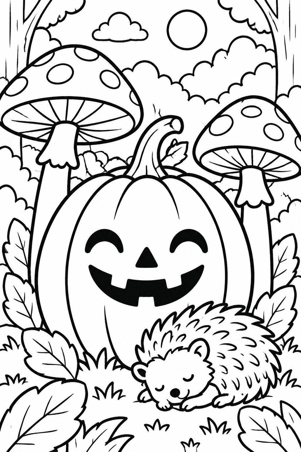 A black and white coloring page shows a smiling jack-o-lantern between two spotted mushrooms with a sleeping hedgehog resting at its base among leaves and grass.