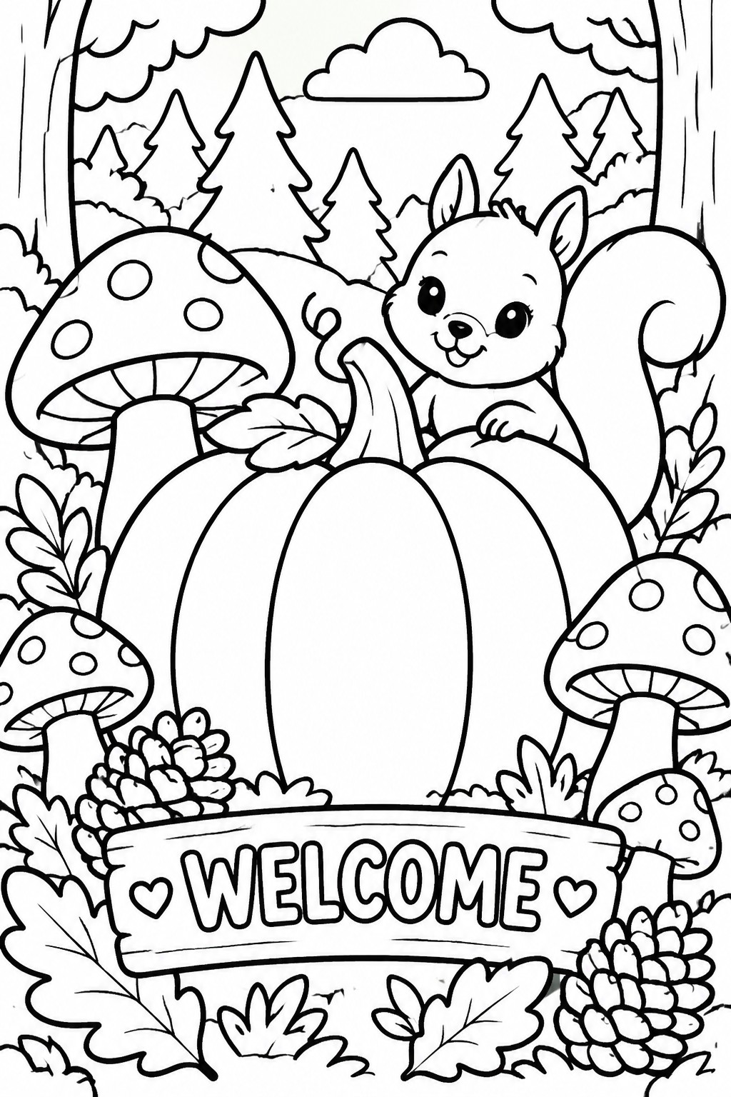 Cartoon squirrel peeking behind pumpkin amid spotted mushrooms, pinecones, and welcome banner