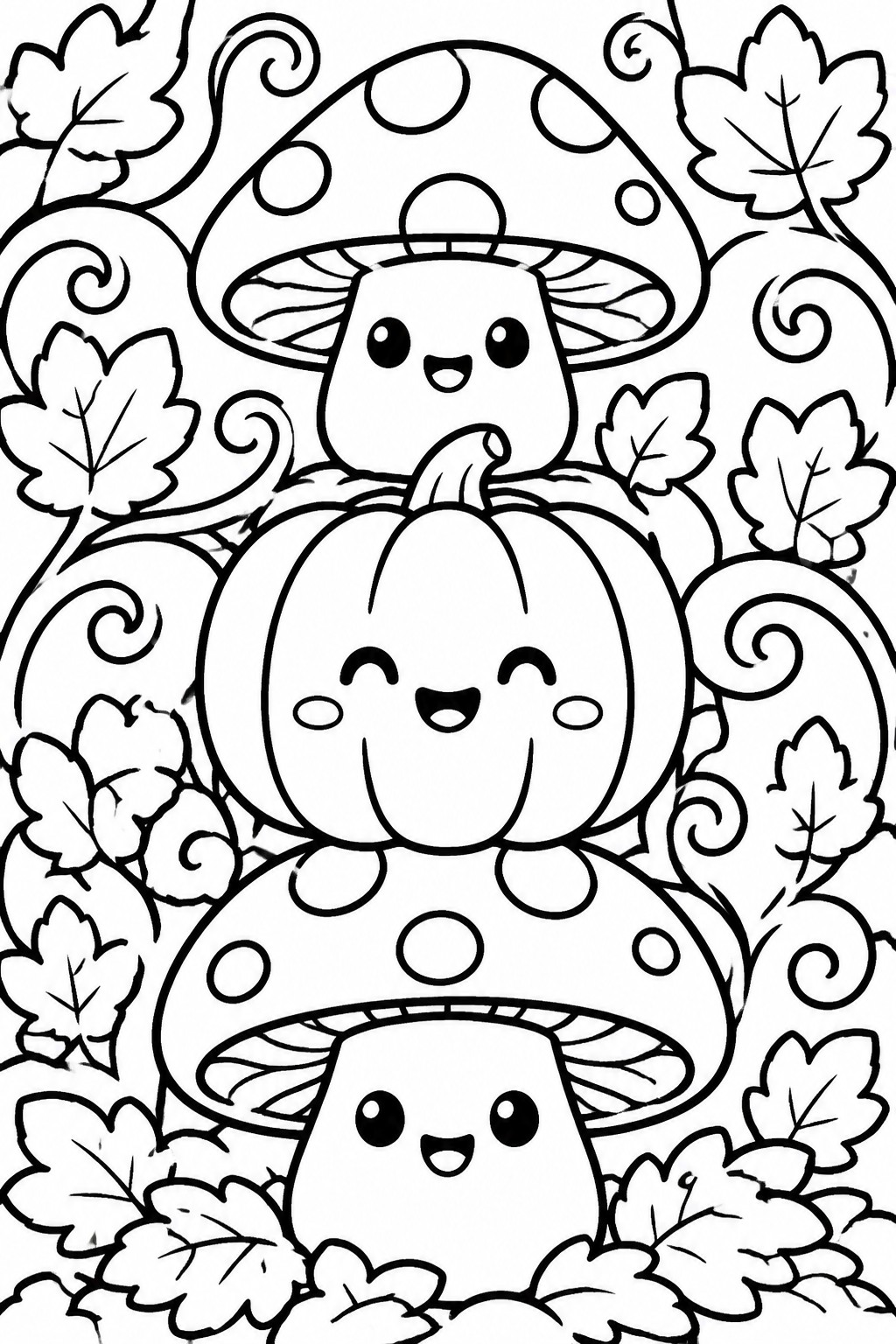 Cute cartoon mushrooms and pumpkin with faces stacked amid leaves and swirls.