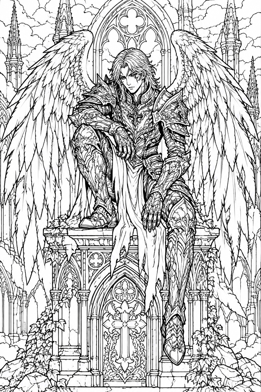 Winged armored warrior with flowing hair seated on ornate throne amid gothic arches
