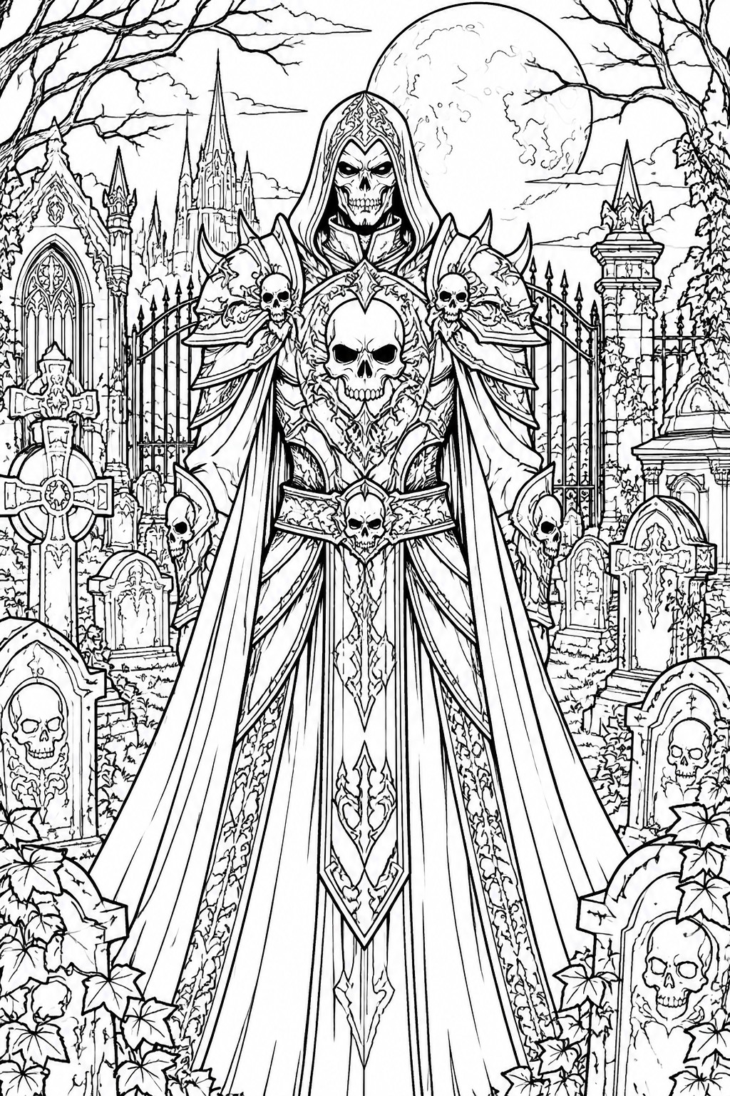 Hooded skeletal warrior in ornate armor amid moonlit gothic graveyard tombstones.